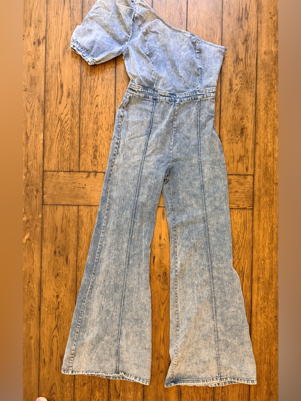 Flying Tomato One Shoulder Denim Jumpsuit Puff Sleeve Wide Leg Size Large